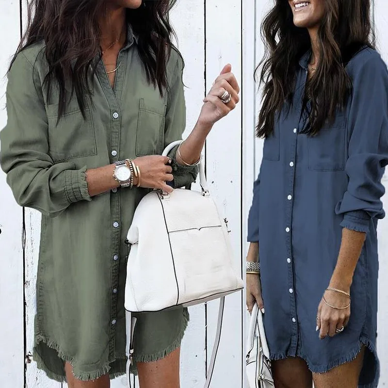 

Plus Size 5xl Jeans Blouses Women Spring Autumn Tops Turn-down Collar Loose Party Clothes Long Sleeve Tassel Denim Shirt Vestido