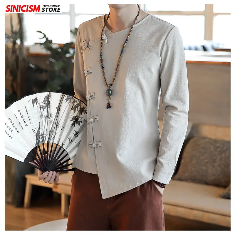 Магазин Sinicism 2020 мужские весенние Рубашки в китайском стиле с пряжкой Мужская