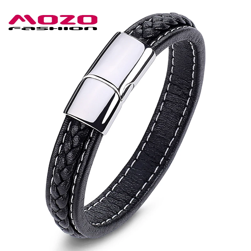 

Men Bracelet Fashion Hot Sale Black Leather Stainless Steel Magnetic Buckle Bangles Male Punk Jewelry
