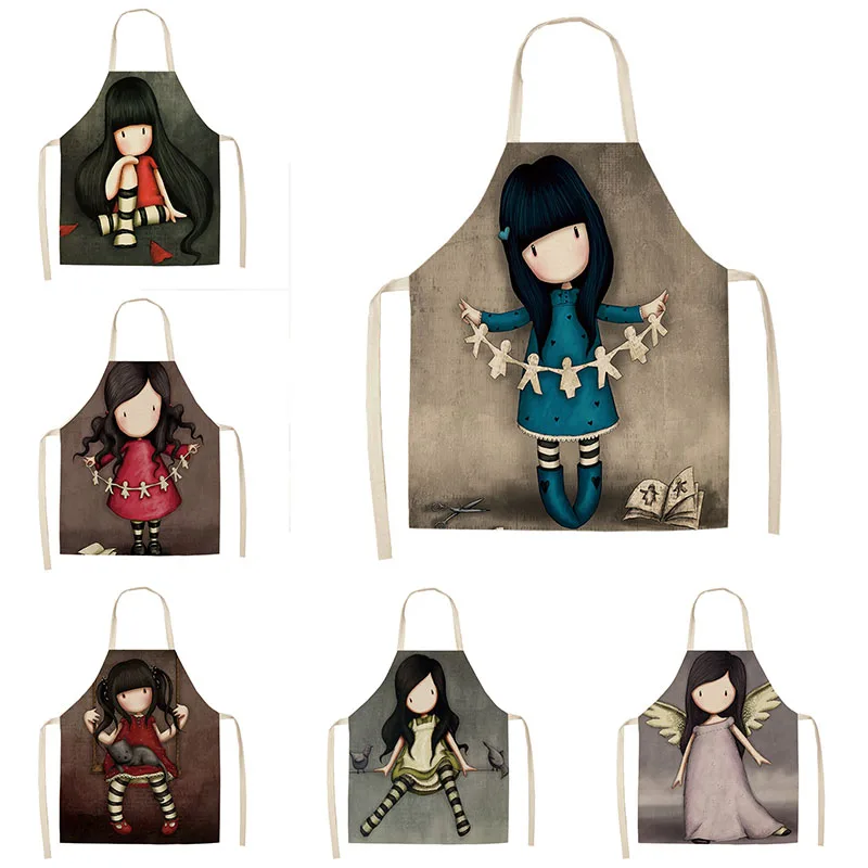

Cartoon Cute Girl Printed Kitchen Aprons for Women Linen Home Cooking Baking Waist Bib Pinafore Household Cleaning Tools 68*55cm