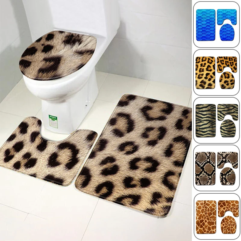

3 Pcs/Set Anti Slip Doormat Bathroom Toilet Seat Mat Bath Rug Accessories for Toilet Animal Tiger Leopard Print Toilet Cover