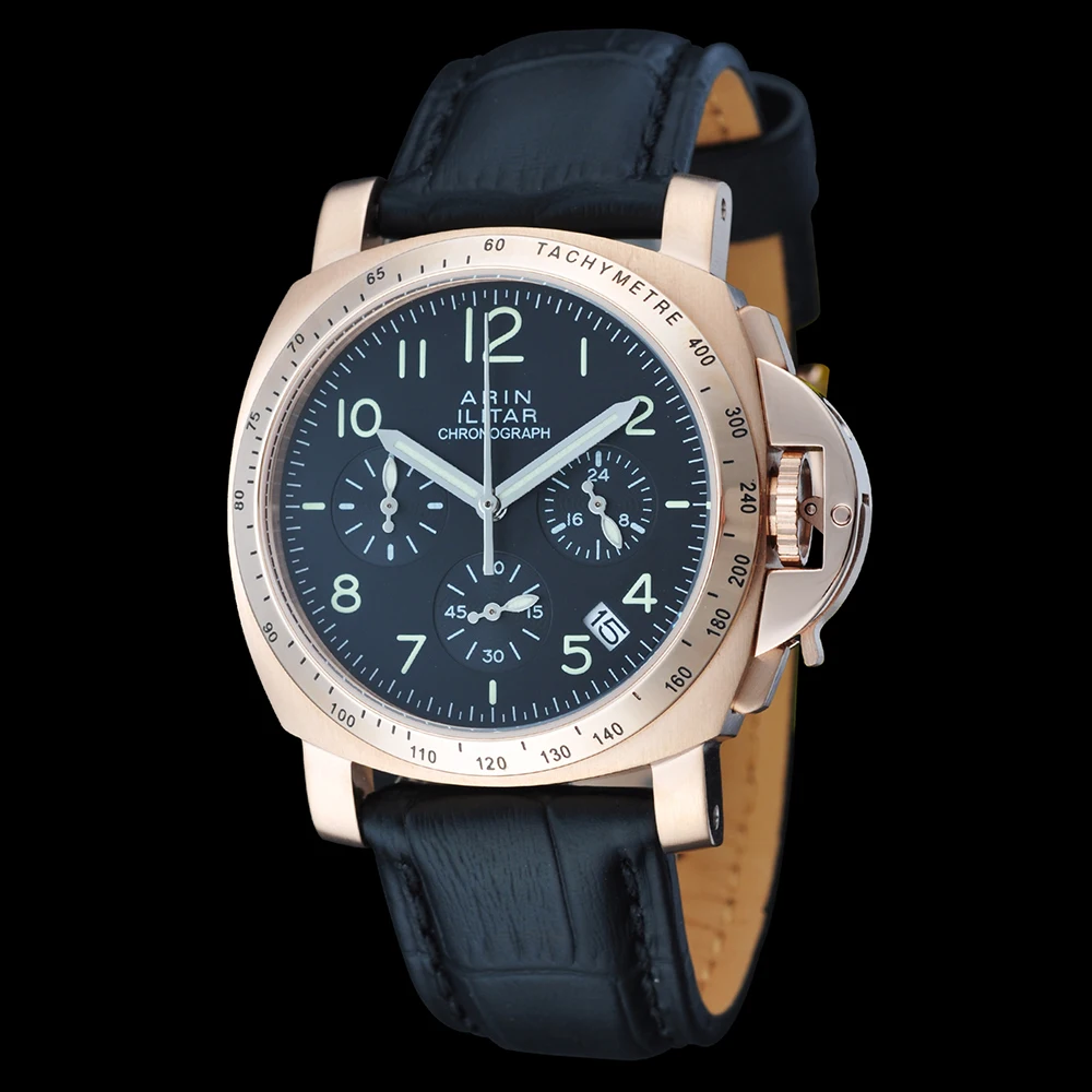 Хронограф часы кварцевые золотые стальной корпус 40 мм черный циферблат