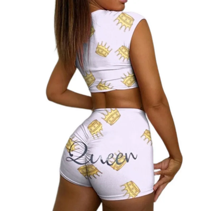 

2020 Womens Two Piece Set Casual Two Piece Suit Personality Print Round Neck Vest Top and Elastic High Waist Shorts 2Pcs Suits