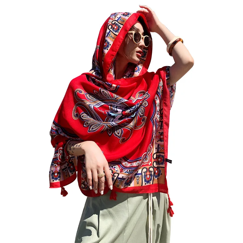 Женский Осенний ретро-шарф шаль синий красный кешью цветок для защиты от солнца