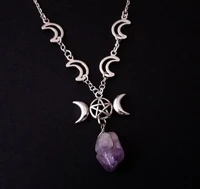 triple moon necklace celestial natural amethyst stone moon pendant charm amulet jewellery for free spirits and dark hearts
