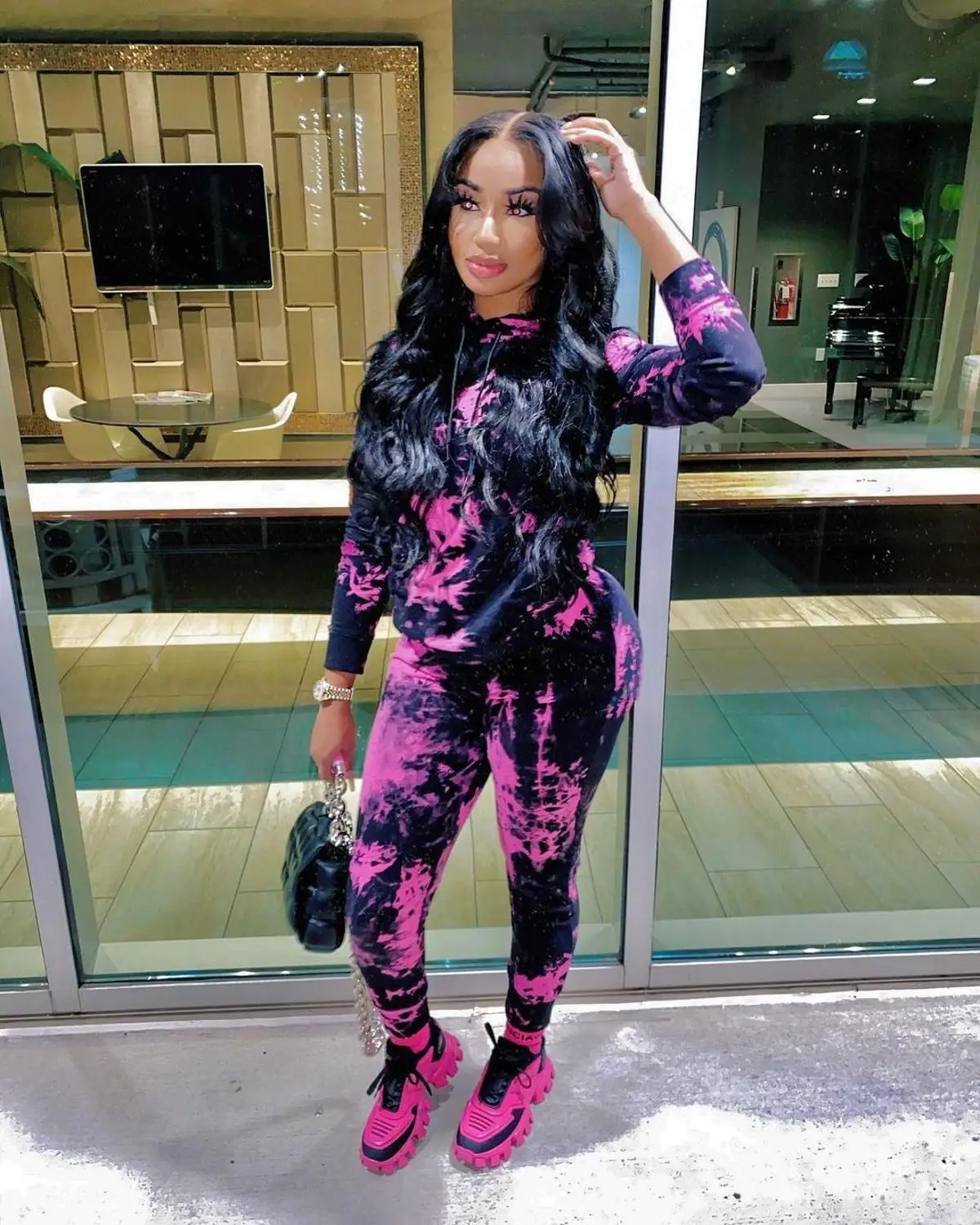 

Echoine Winter Tie Dye Print Top Hooded Top and Legging Pants Two Piece Set Skinny Tracksuit Sporty Streetwear Set