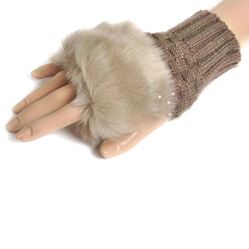 

Women Gloves Warm Knitted Mittens Fingerless Plaid Pattern Short Paragraph Winter Wool Half Finger Faux Rabbit Fur Luvas 6 Color