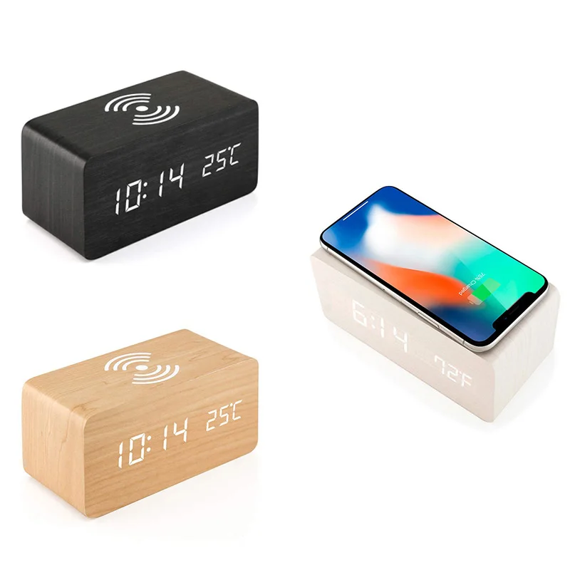 

Деревянный Будильник с беспроводной зарядной подставкой Qi, совместим с Iphone Samsung, деревянные светодиодные цифровые часы с функцией управлен...
