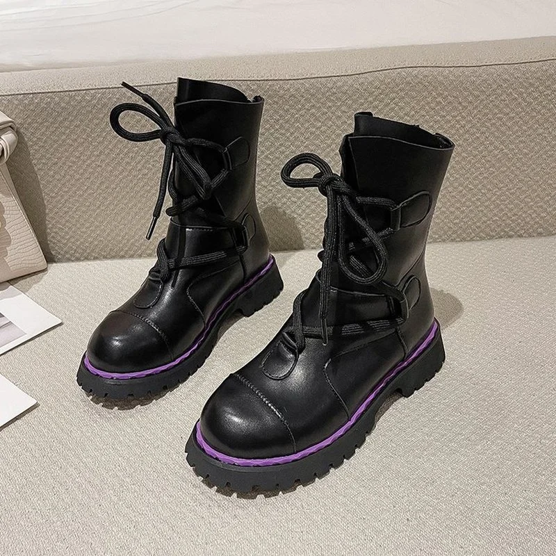 

Ботильоны женские из мягкой кожи, на шнуровке, круглый носок, модная мотоциклетная обувь на платформе, черные, осень