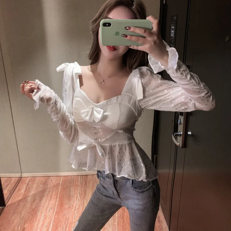Женская винтажная блузка с бантом Ins модная Готическая блестящая розовая