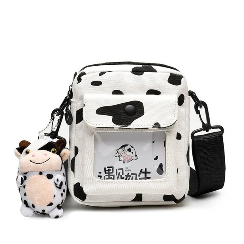 

Harajuku Cow Pattern Canvas Bag Women Shoulder Messenger Girls Transprant Crossbody Bags with Cute Pendant