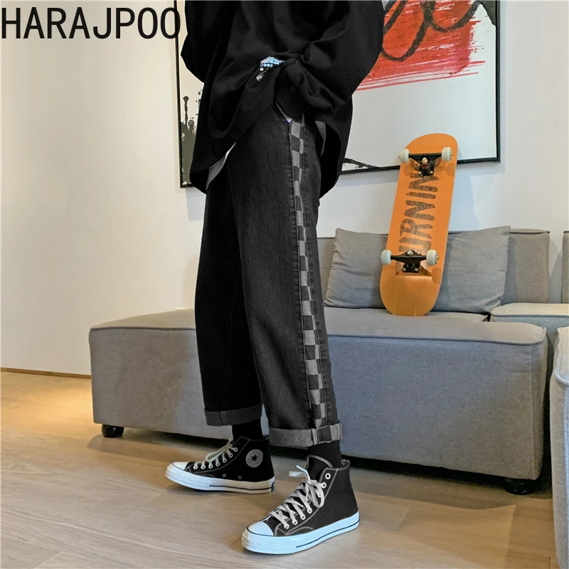 

HARAJPOO Man Jeans 2021 Spring New Bf Hong Kong Style Korean Fashion Harajuku Retro Plaid Straight Loose Wide-leg Trousers Tide