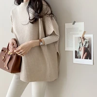 fashion turtleneck loose pullovers knitted women autumn winter short sleeve side split female sweater jumpers jk552