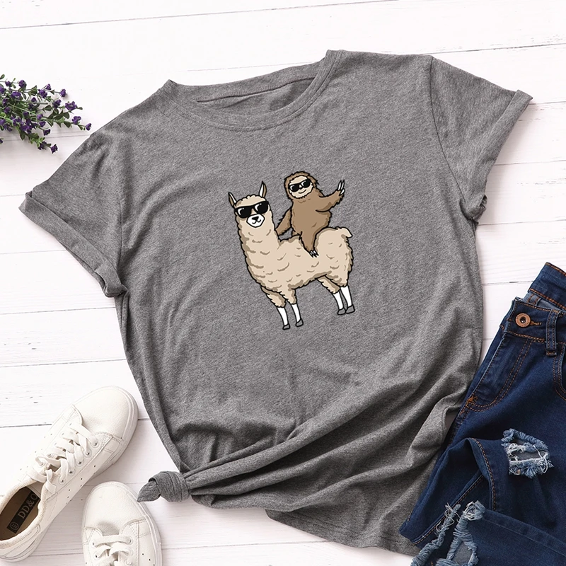 

Women T-shirts 100% Cotton Plus Size S-5XL Graphic Tees Female Shirts Summer Tops Cool Llama Printed Funny T Shirt Woman Clothes