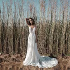 Очаровательные белые кружевные свадебные платья без рукавов в стиле бохо, свадебные платья на бретелях-спагетти с глубоким V-образным вырезом для невесты на лето