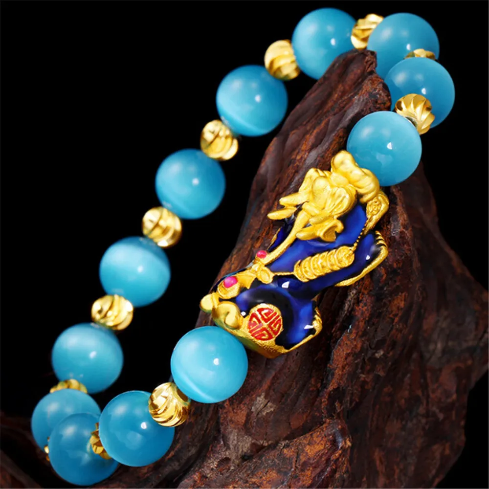 

Natural 10mm Blue Cat's Eye Stone Vietnam Fancy Change Color Pixiu Charm Bracelet Women's Lucky DIY Sand Gold Beaded Bracelets