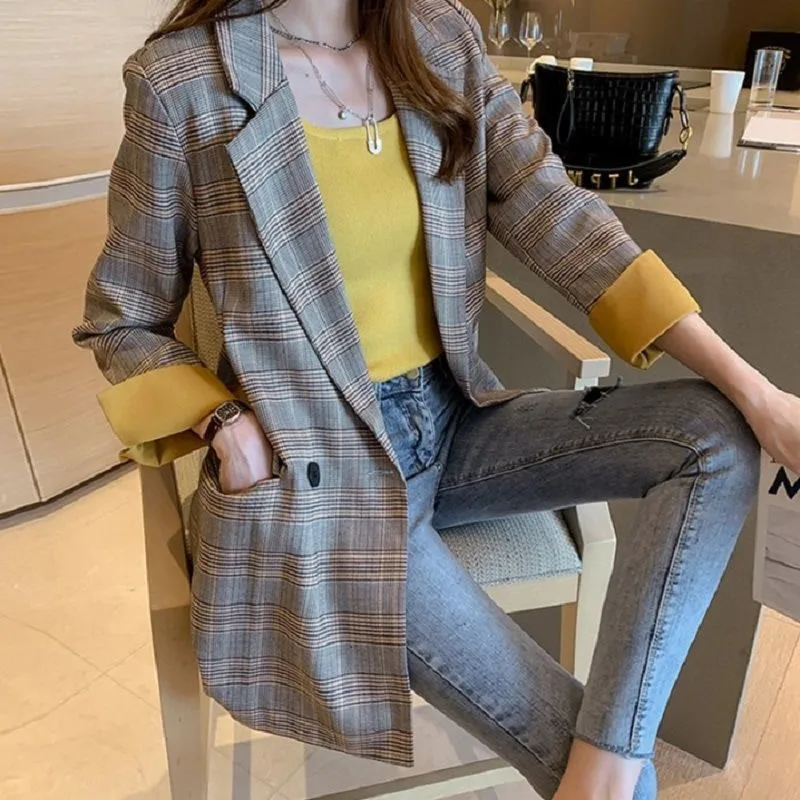 

Yellow Pink Spring 2021 Retro Plaid Small Female Suit Coat Korea Thin Long Woman Suit Jacket Women Blazers mujer chaqueta