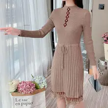 Robe d'automne en coton tricoté à col montant, taille haute, manches longues, dentelle, décontractée, moulante  (4)