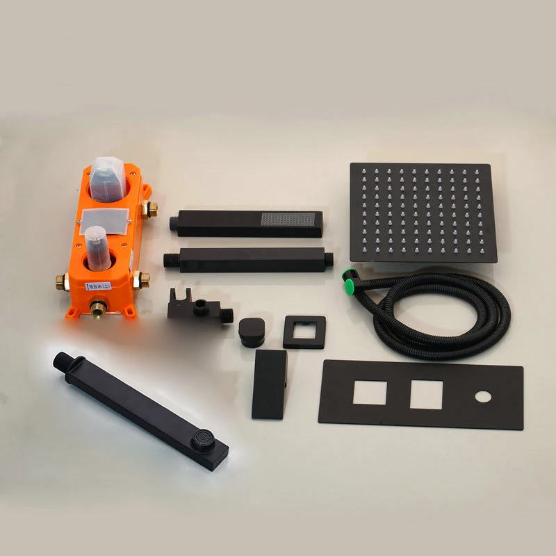 

OUBONI Black 8 10 12 inch Wall Mounted Bathroom Rainfall Faucet Sets Thermostatic Temperature Display LED Shower Head Hand Set