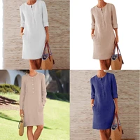 women plus size cotton linen casual dress ladies loose long sleeve midi dresses