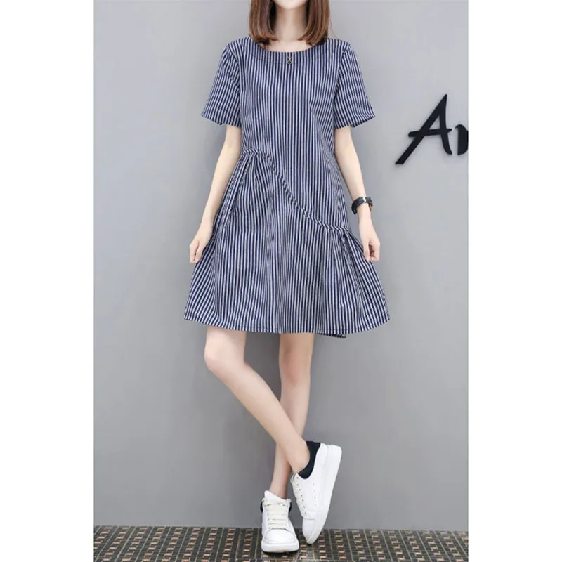 

Women's dress summer new mid-length section to be loose thin Korean version striped A-line round neck knee vestidos D245
