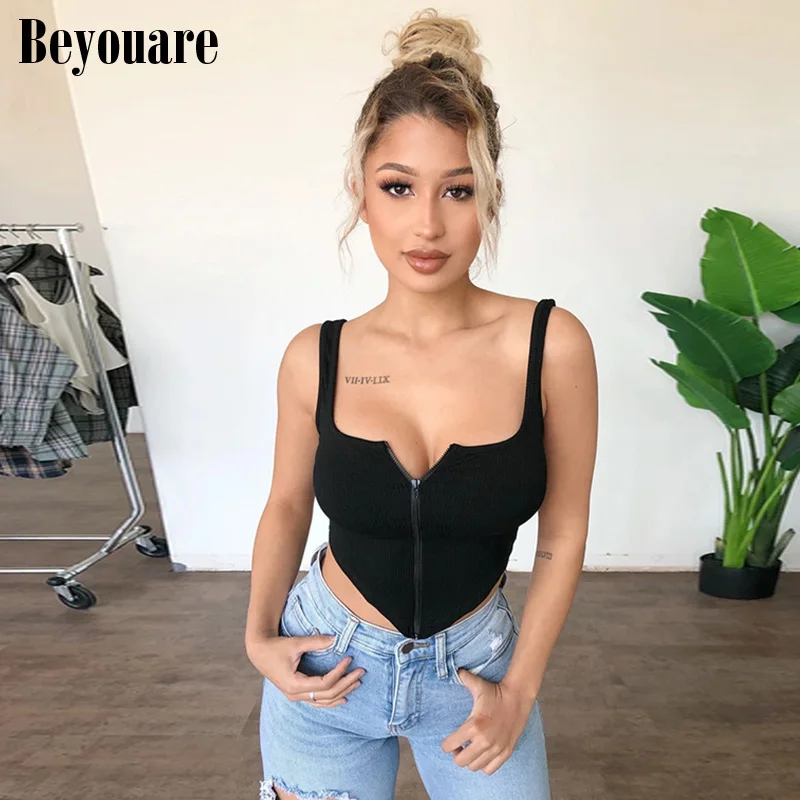 

Beyouare Y2K Sexy Zipper Asymmetrical Tank Crop Top Square Collar Backless Sling Vest Summer Solid Elegant Party Streetwear Cami