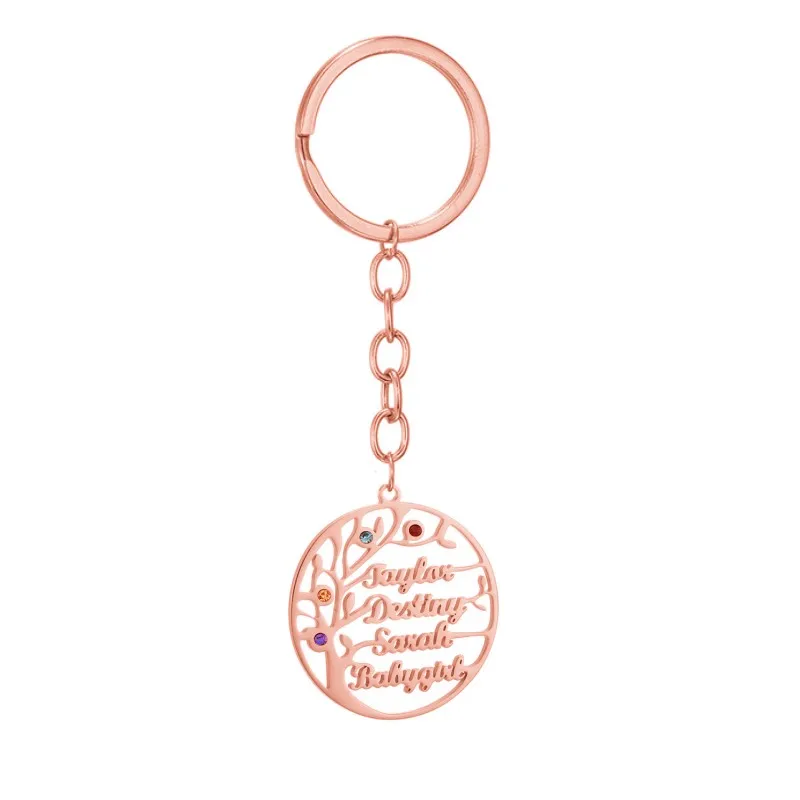 

Personalized Tree Of Life Custom Name Keychain With Birth Stone Stainless Steel Gold Nameplate Key Ring Women Men Key Jewelry