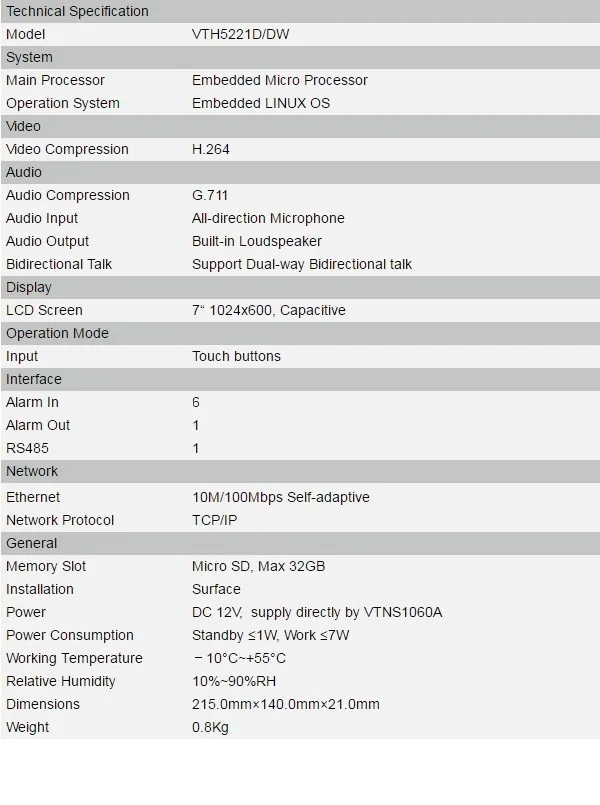 DH логотип мульти-Язык VTH5221D/DW 7 дюймов крытый монитор, встроенный камера, IP дверной звонок видео домофон, проводной дверно