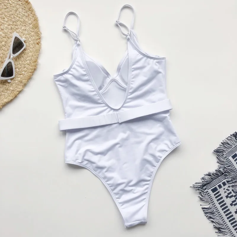 

Famaker 2020 Sexy Solid One Piece Swimsuit Women Belt Bodysuit Swimwear Monokini Bathing Suit Summer Beach Wear Swimsuit