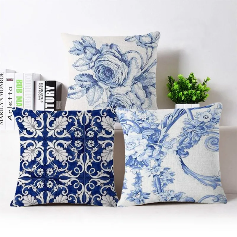 

Винтажные наволочки, синие и белые льняные наволочки с принтом, высококачественные декоративные наволочки для диванных подушек