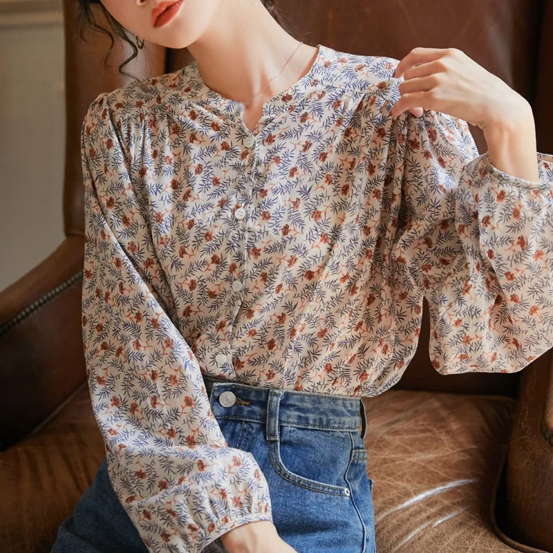 

Autumn Long Sleeve Chiffon Shirt Women Elegant Floral Print Korean Single Breasted Loose Blouse Women Shirt