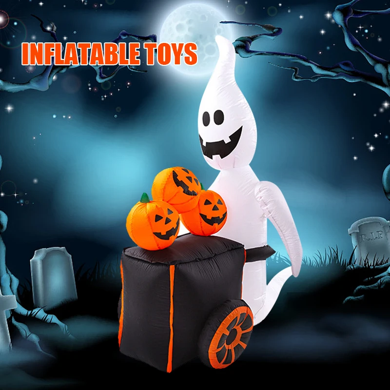 

Halloween Inflatable Ghost Pushing Pumpkin Cart with Build-in LED Blow Up Ornament Festival Yard Lawn Decoration P7Ding