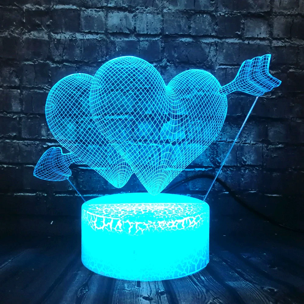 Романтическая любовь Купидон стрела через Двойное сердце 3D светодиодный USB лампа Милая влюбленные Свадебные украшения Красочный ночной светильник подарок