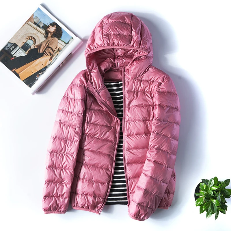 

Women White Duck Down Jackets Autumn Winter Female Hooded Ultra Light Portable Coats Windproof Long Sleeve Slim Warm Parkas 7XL