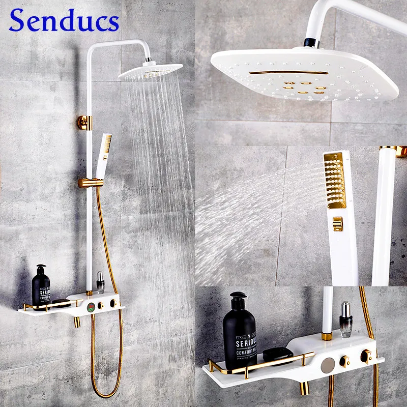 

Senducs White Gold Multifunctional Bathroom Digital Shower Set Newly Rotary Knob Thermostatic Shower System