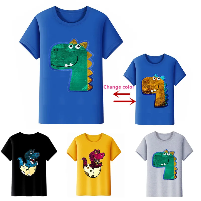 Детская футболка для мальчиков и девочек с блестками динозавром летние топы