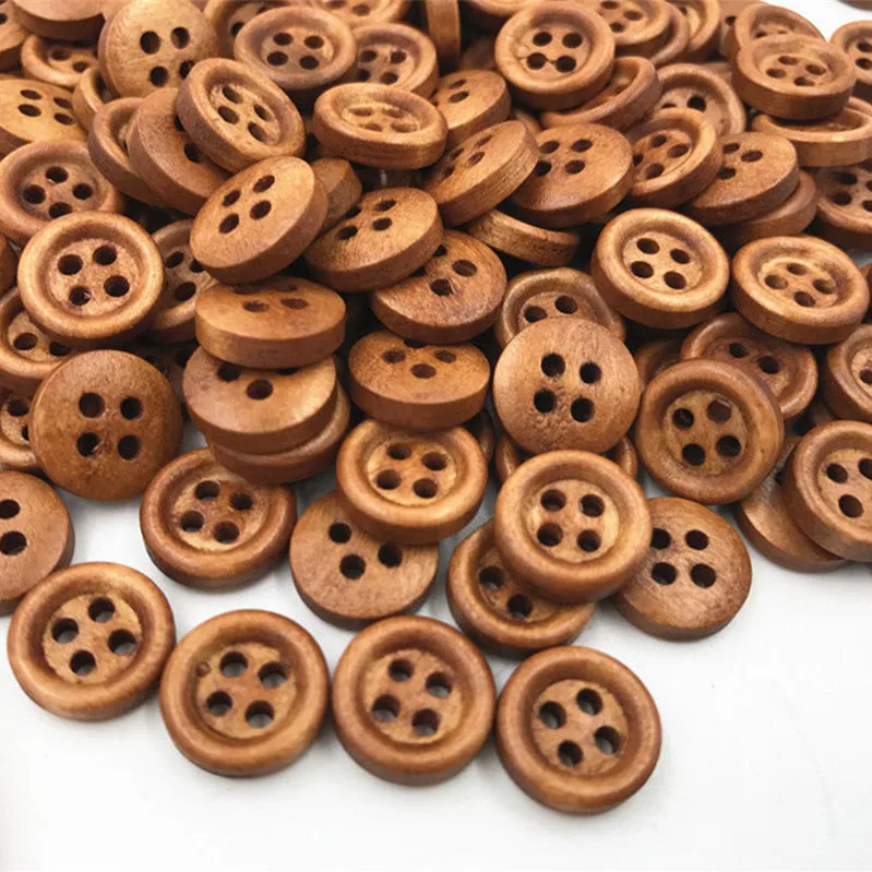 Деревянные коричневые пуговицы 200X для рукоделия круглые с 4 отверстиями