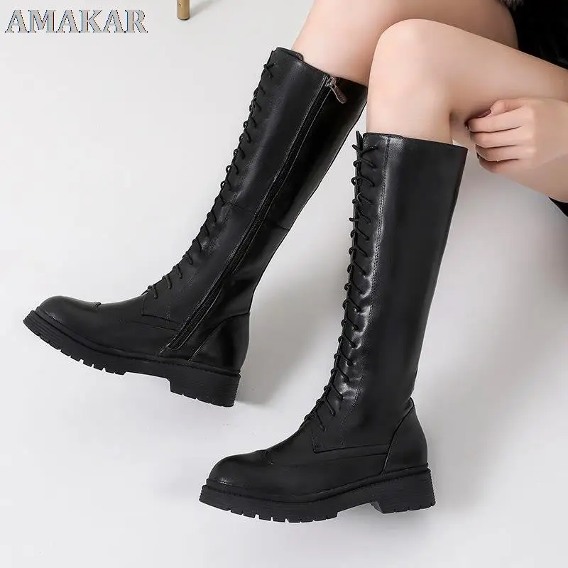 

2021 New Genuine leather boots women shoes lace up warm winter boots nature sheep wool mid calf boots ladies botas
