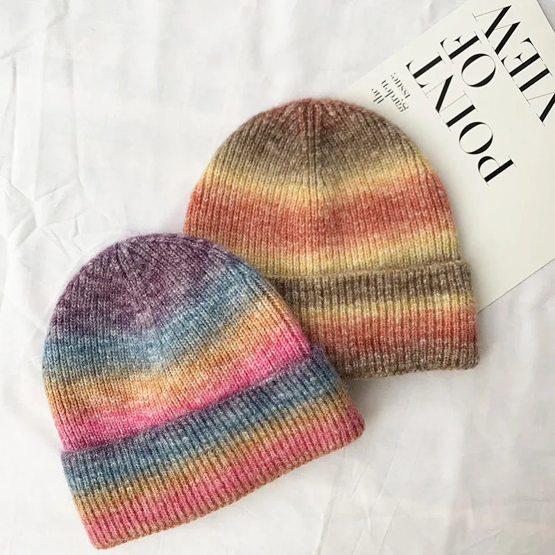 

Autumn Warm Winter Hats For Women Tie Dye Knitted Hats Rainbow Beanie Fashion Outdoor Hip Hop Male Colorful Bonnet Femme Cap