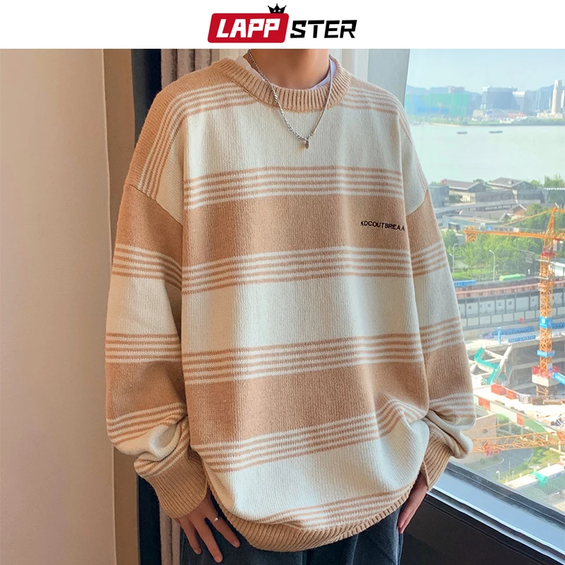 

LAPPSTER Men Harajuku Striped Oversized Sweaters 2022 Mens Korean Fashion Knitted Pullovers Man Vintage Knitted Sweater Clothing
