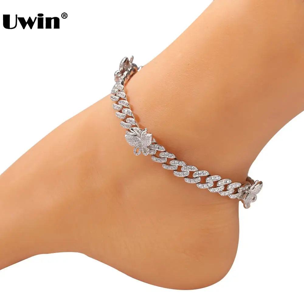 

UWIN 9mm AAA Zircon Copper Miami Cuban Anklets for Girls Iced Out Extended Chains with 3 Butterflies Hiphop Jewelry