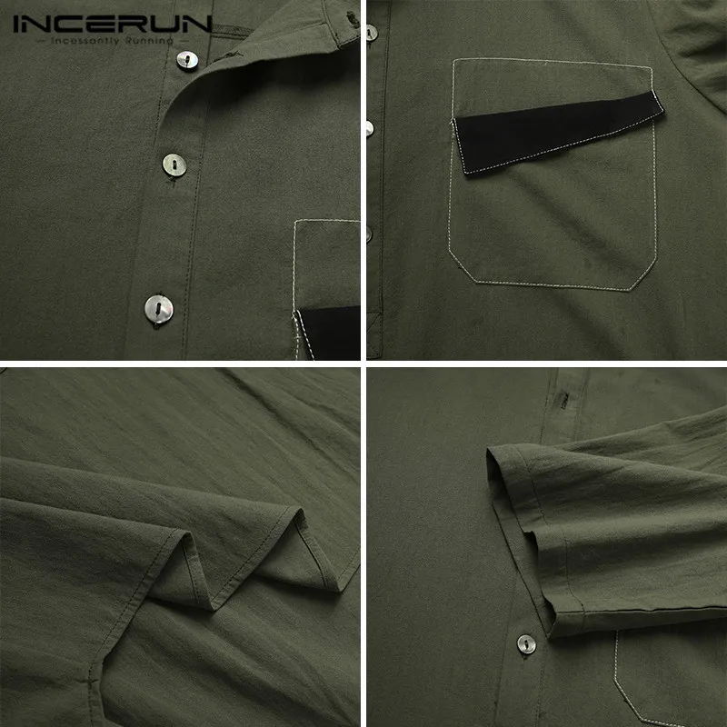 

Summer Men Casual Shirt Patchwork Cotton Stand Collar Half Sleeve Blouse Breathable Streetwear 2021 Chic Camisas S-5XL INCERUN