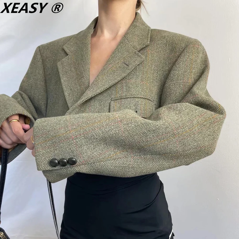 

Женский укороченный пиджак XEASY, повседневный твидовый пиджак с отложным воротником и карманами, осень 2021
