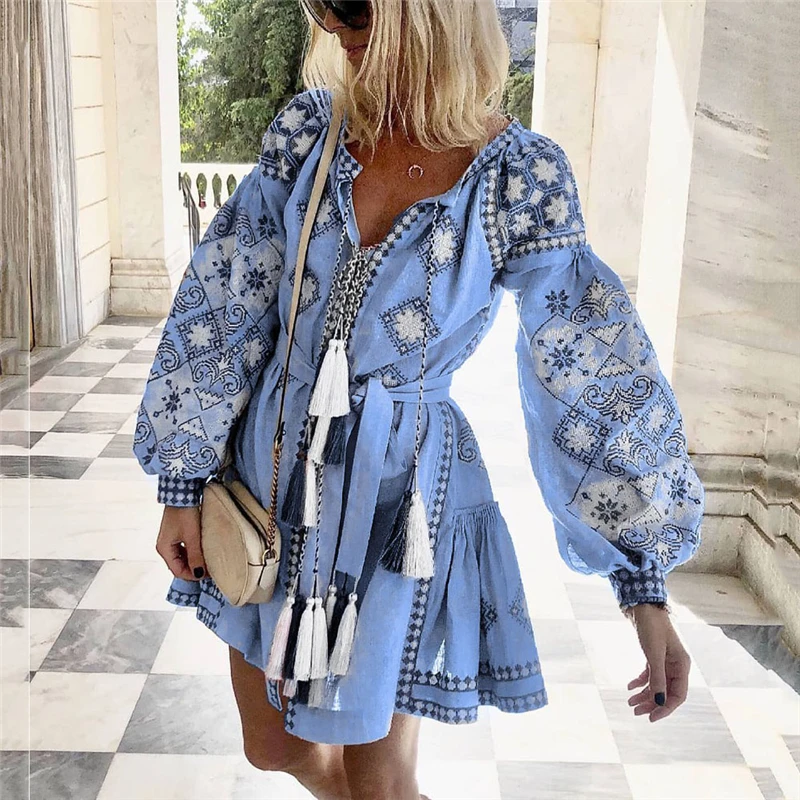 2019 Vintage Women Boho Floral Long Sleeve Short Dress Ladies V Neck Holiday Party Mini Tassels Lantern | Женская одежда