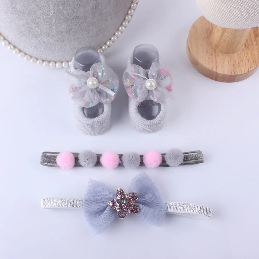 Baby 3Pcs Set Headband + Socks Kids Newborn Cartoon Boat Socks Lace Anti-slip Sock Shoes Boots Bowknots Floor Slipper Socks