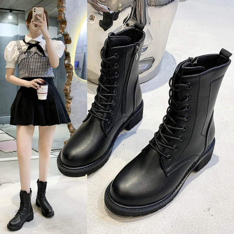 

Genuine Leather Women Boots Round Toe Zip Boots Fashion Lace-Up Motorcycle Boots Female Platform Women Shoes Handmade