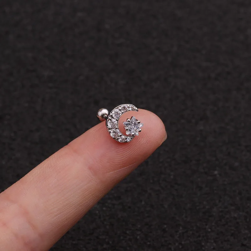 FZHI003200806 20 г пирсинг для уха Cz луна и звезда хрящевая спираль Tragus Conch Rook нержавеющая сталь закручивающаяся задняя часть серьги для ушного хряща - Окраска металла: FZHI003200806