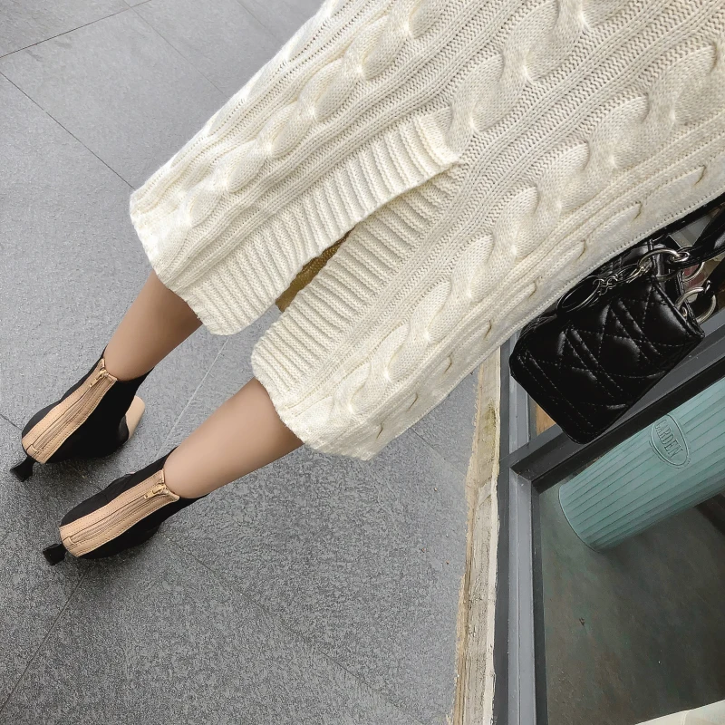 Flectit High Fashion Women Color Block Ribbed Knit Turtleneck Long Sweater Dress Sleeve Fall Winter Lady Outfit * | Женская одежда