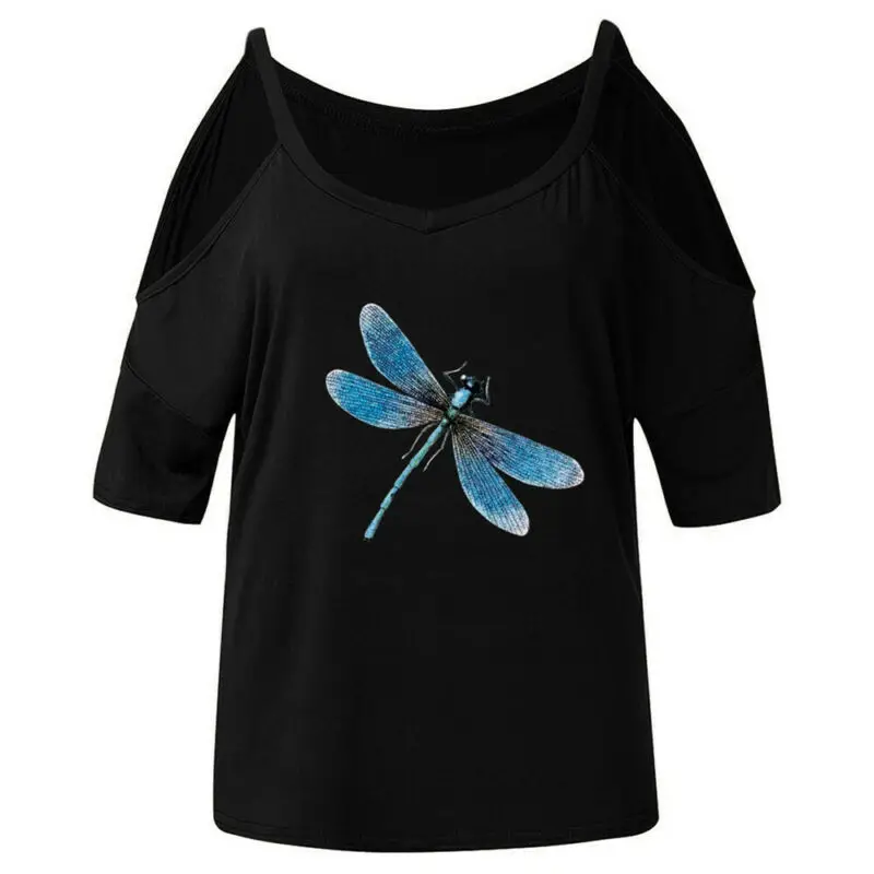 

Womens Dragonfly Print Cold Shoulder Short Sleeve T-Shirt Summer Casual Blouse