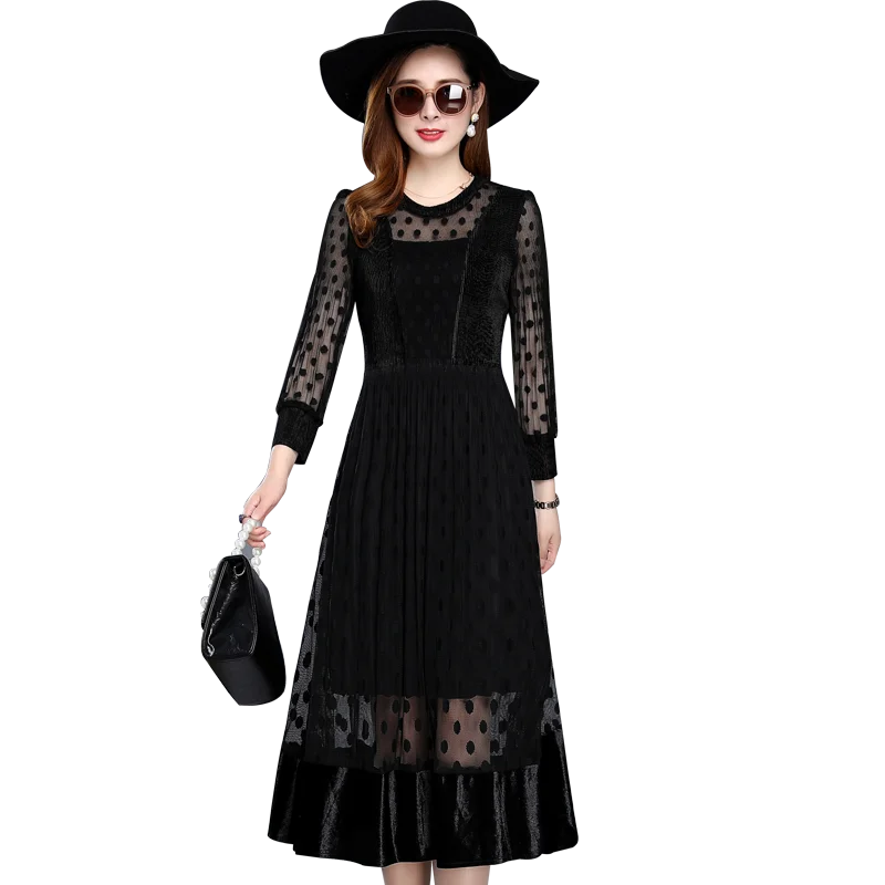 KMETRAM Spring Autumn Velvet Dress 2020 Vintage Party Maxi Women Long Sleeve Black Elegant Dresses Vestidos WW1158 | Женская одежда